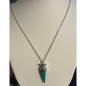 Silver Tone Necklace Faux Malachite 1.25" Cone Pendant Statement Adj 20.5"